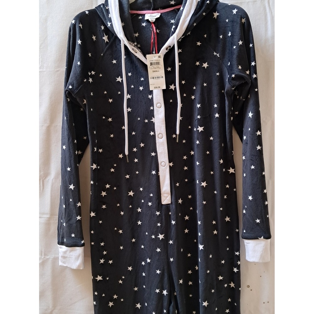 Jenni Intimates Women Black Scattered Stars‎ Hooded Pajama Union Suit Small NEW